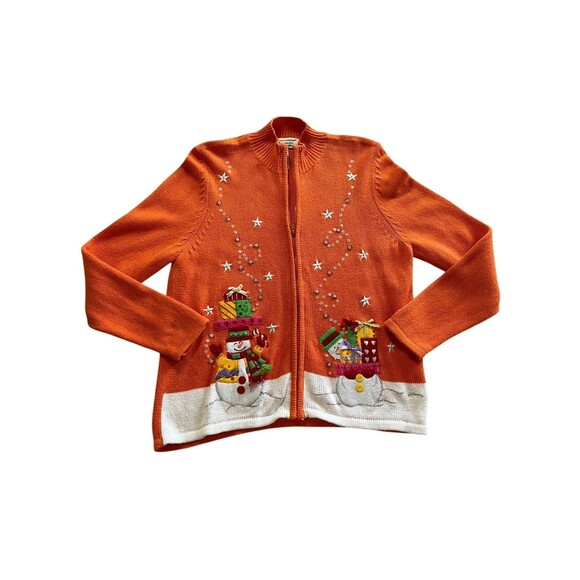 VTG Tiara international Snowman Christmas Collection Beaded Knit Sweater Zip XL - Picture 1 of 8